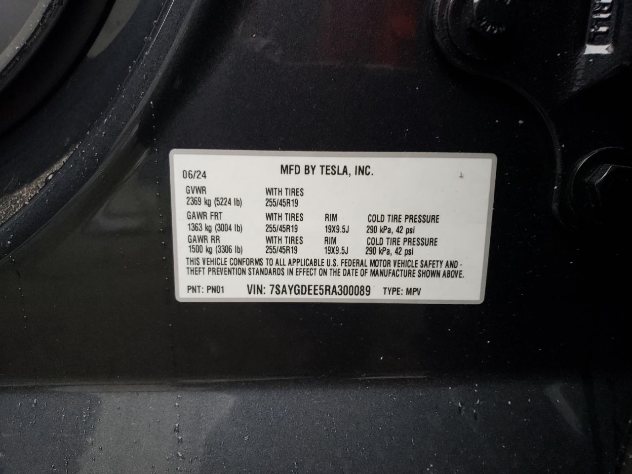 2024 TESLA MODEL Y VIN:7SAYGDEE5RA300089