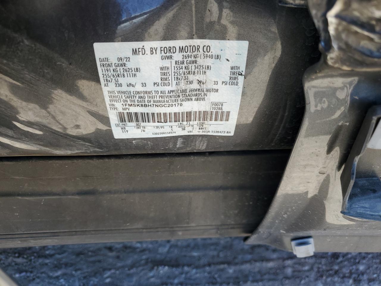 2022 FORD EXPLORER VIN:1FMSK8BH7NGC20170