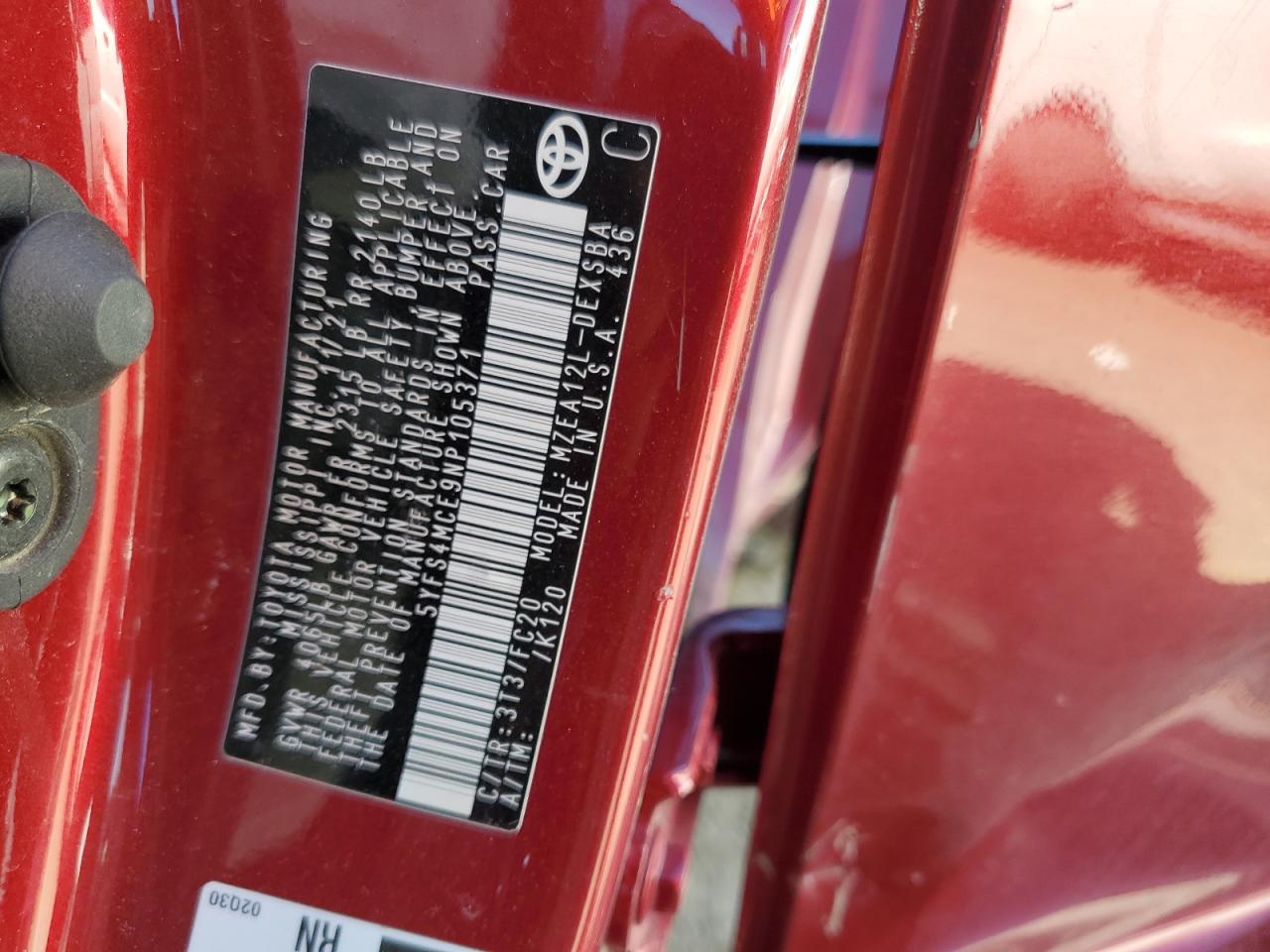 2022 TOYOTA COROLLA SE VIN:5YFS4MCE9NP105371