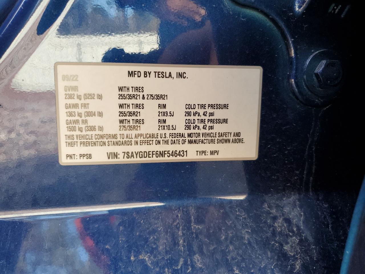 2022 TESLA MODEL Y VIN:7SAYGDEF6NF546431