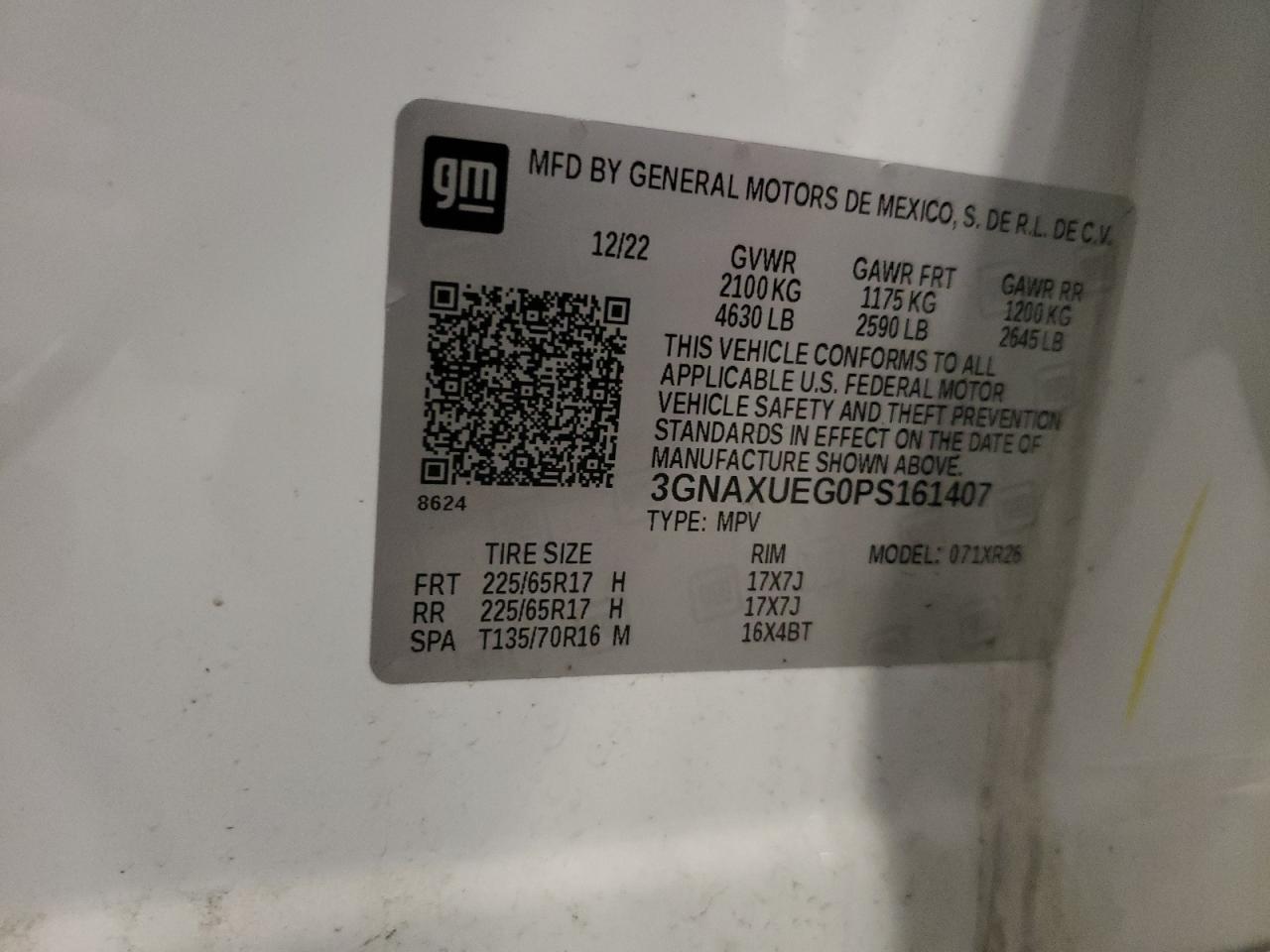 2023 CHEVROLET EQUINOX LT VIN:3GNAXUEG0PS161407