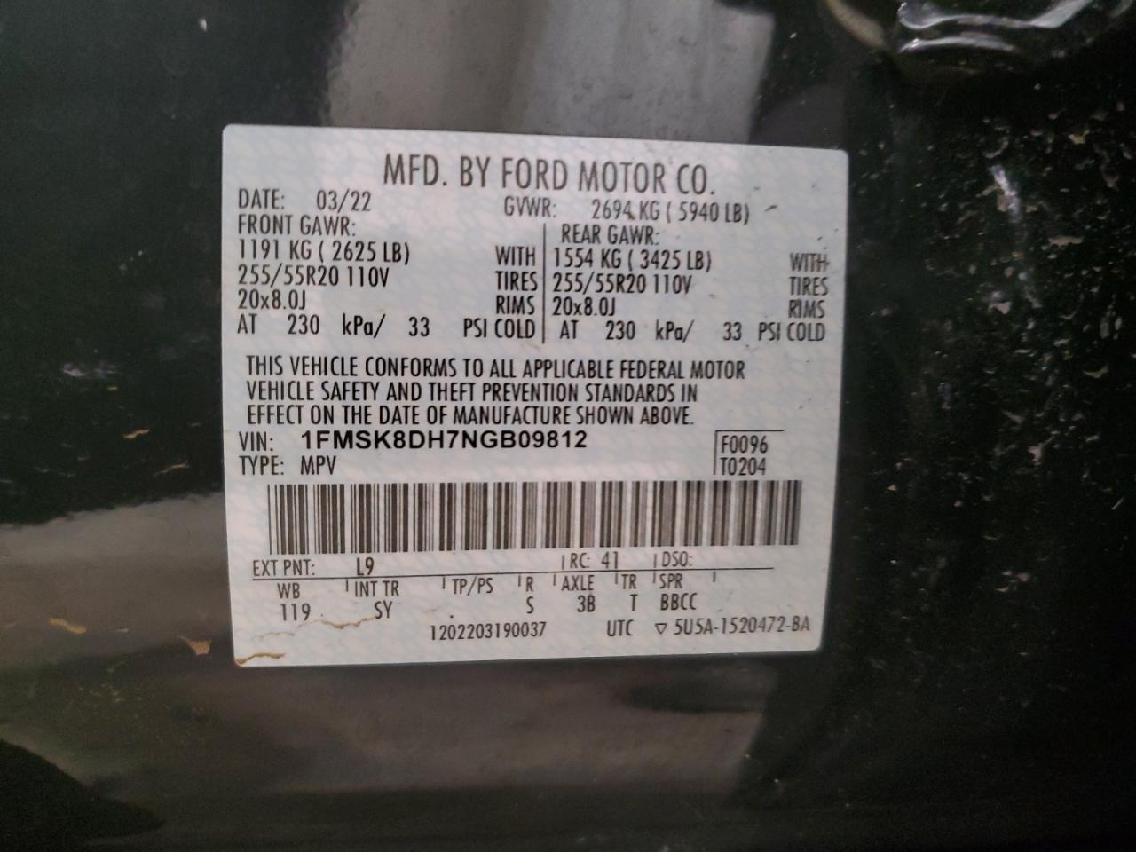 2022 FORD EXPLORER XLT VIN:1FMSK8DH7NGB09812