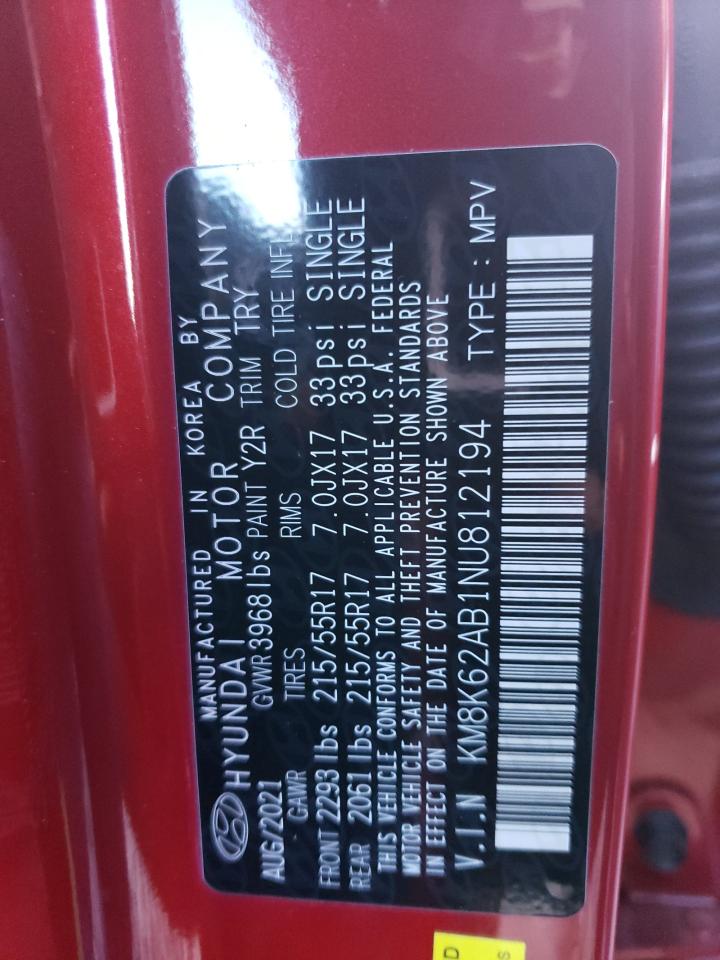 2022 HYUNDAI KONA SEL VIN:KM8K62AB1NU812194