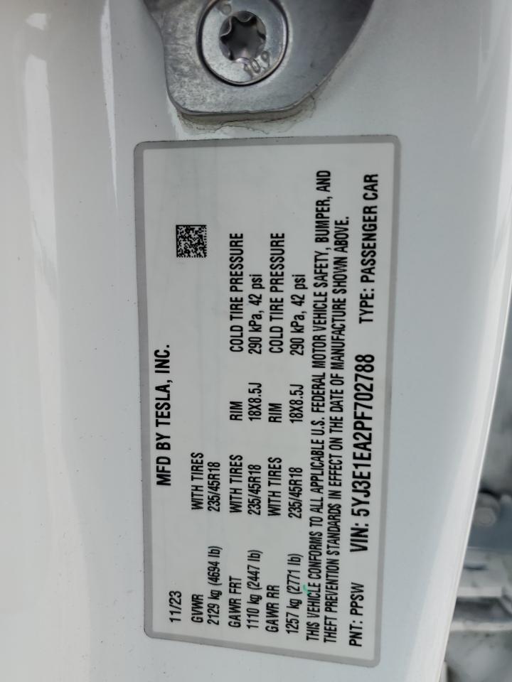 2023 TESLA MODEL 3 VIN:5YJ3E1EA2PF702788