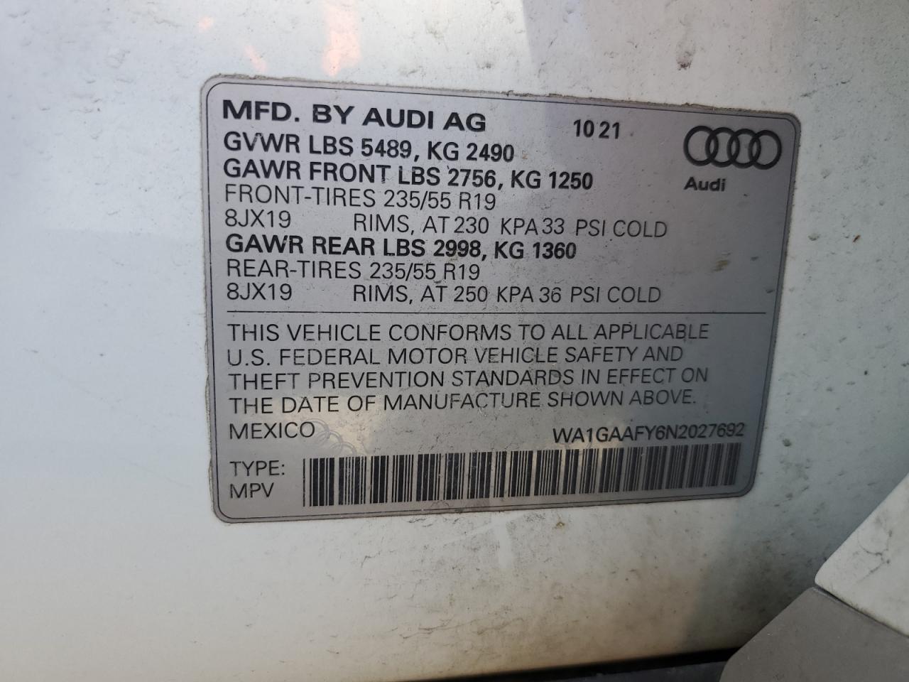 2022 AUDI Q5 PREMIUM 45 VIN:WA1GAAFY6N2027692