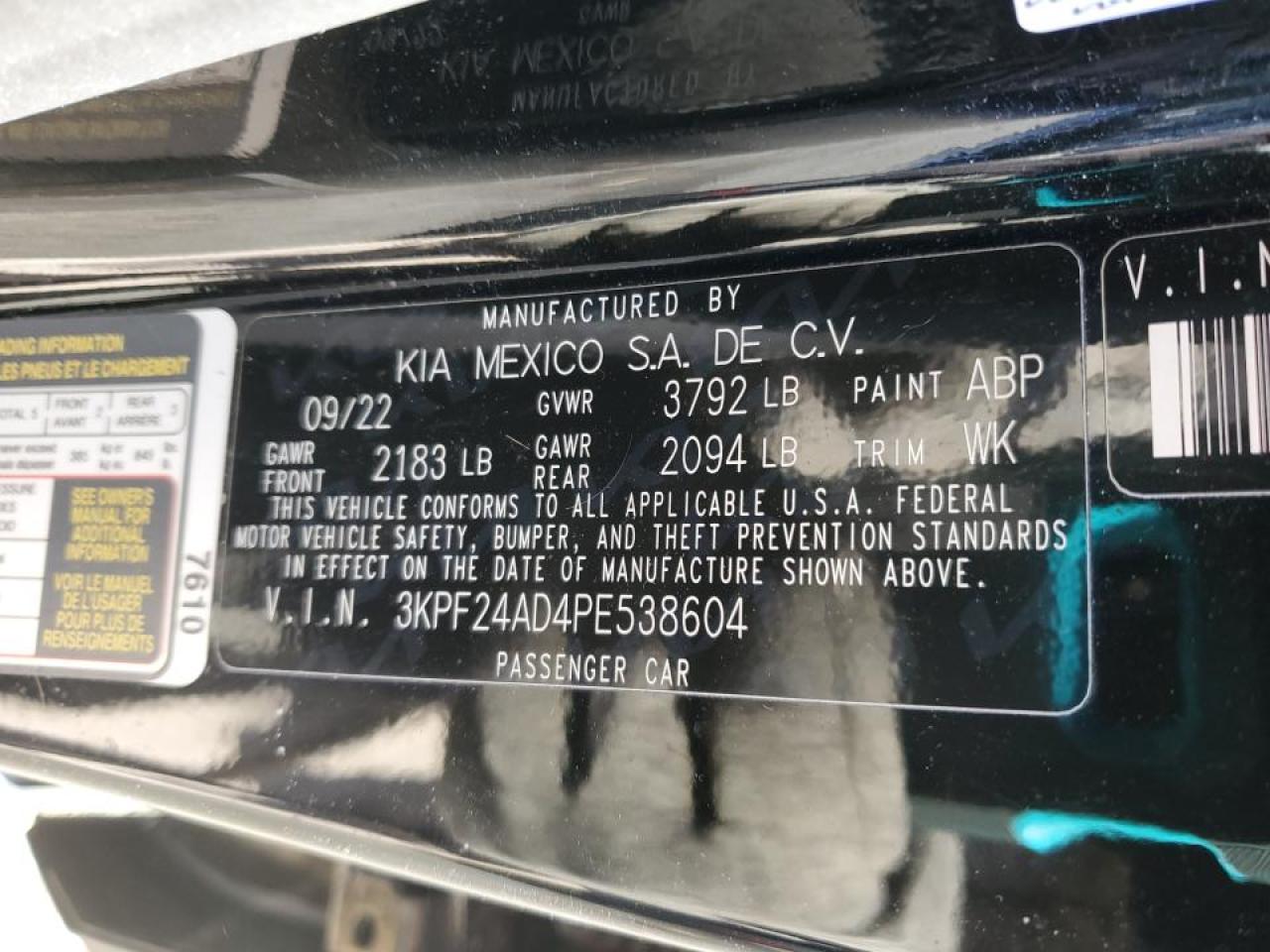 2023 KIA FORTE LX VIN:3KPF24AD4PE538604