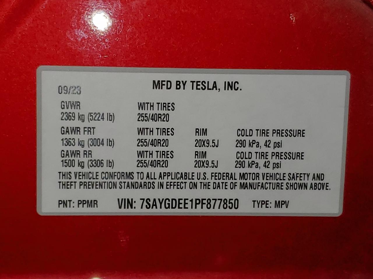 2023 TESLA MODEL Y VIN:7SAYGDEE1PF877850