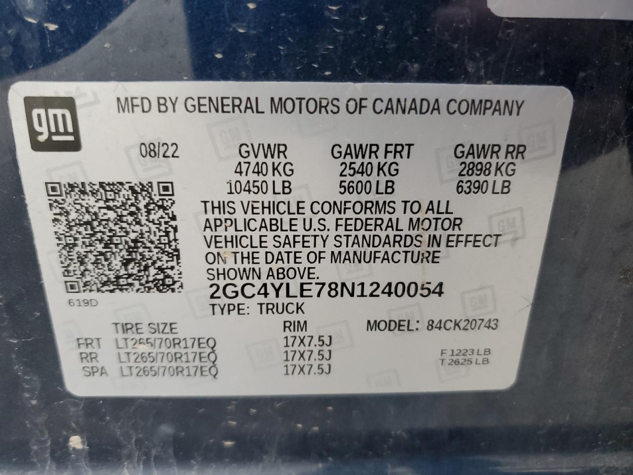 2022 CHEVROLET SILVERADO K2500 HEAVY DUTY VIN:2GC4YLE78N1240054