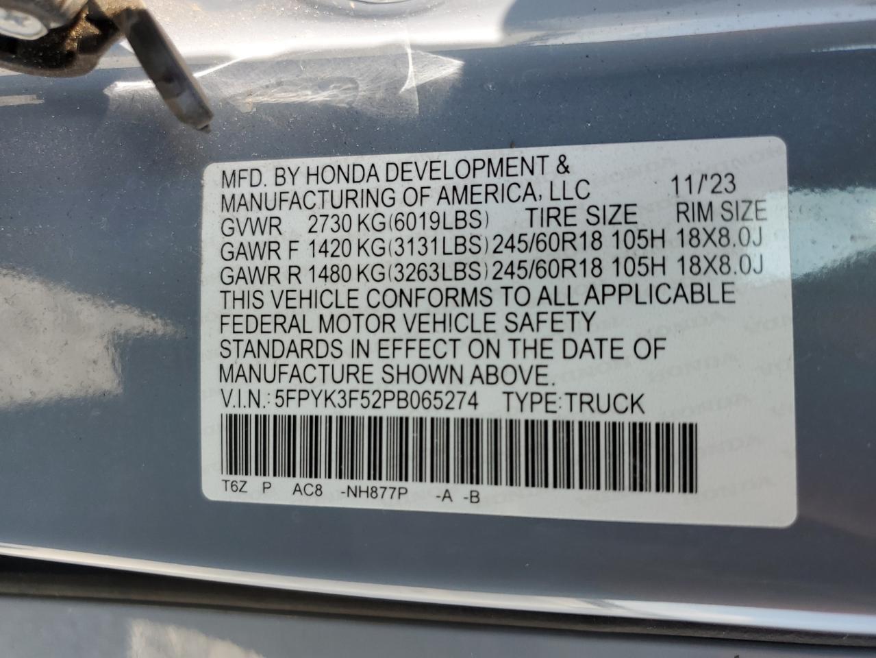 2023 HONDA RIDGELINE RTL VIN:5FPYK3F52PB065274