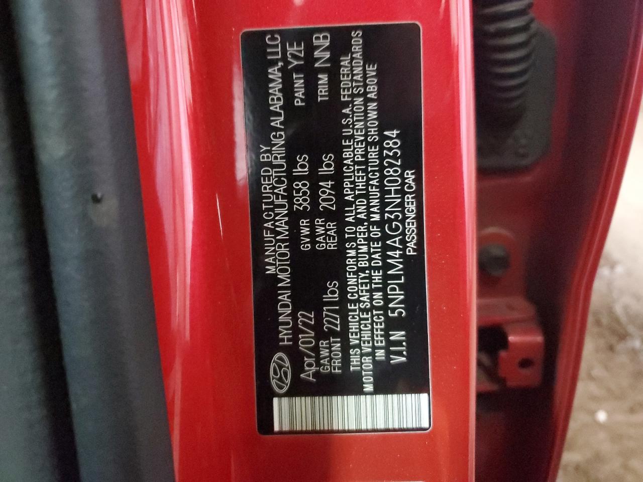 2022 HYUNDAI ELANTRA SEL VIN:5NPLM4AG3NH082384