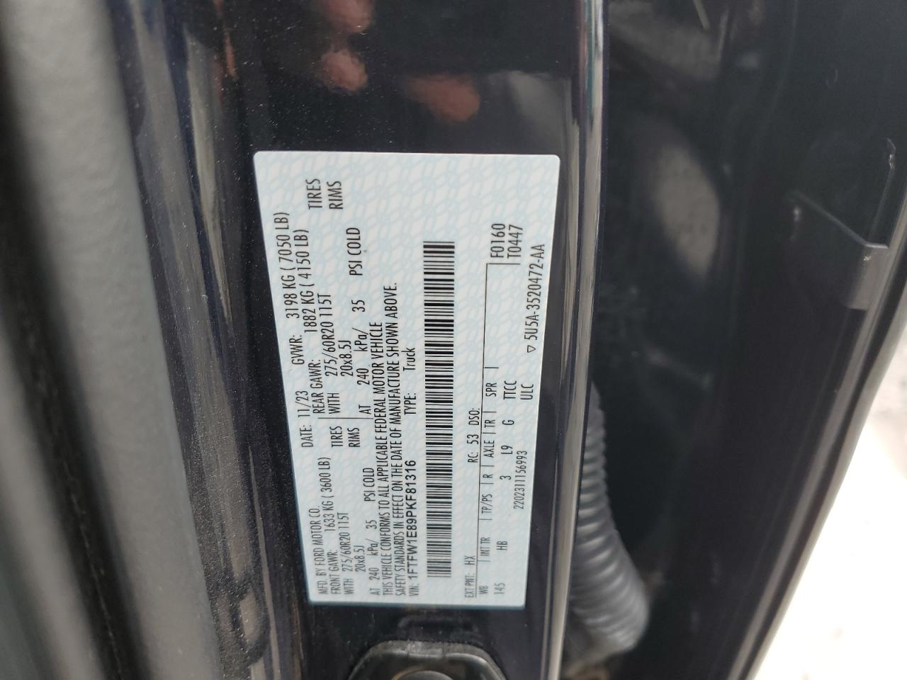2023 FORD F150 SUPERCREW VIN:1FTFW1E89PKF81316
