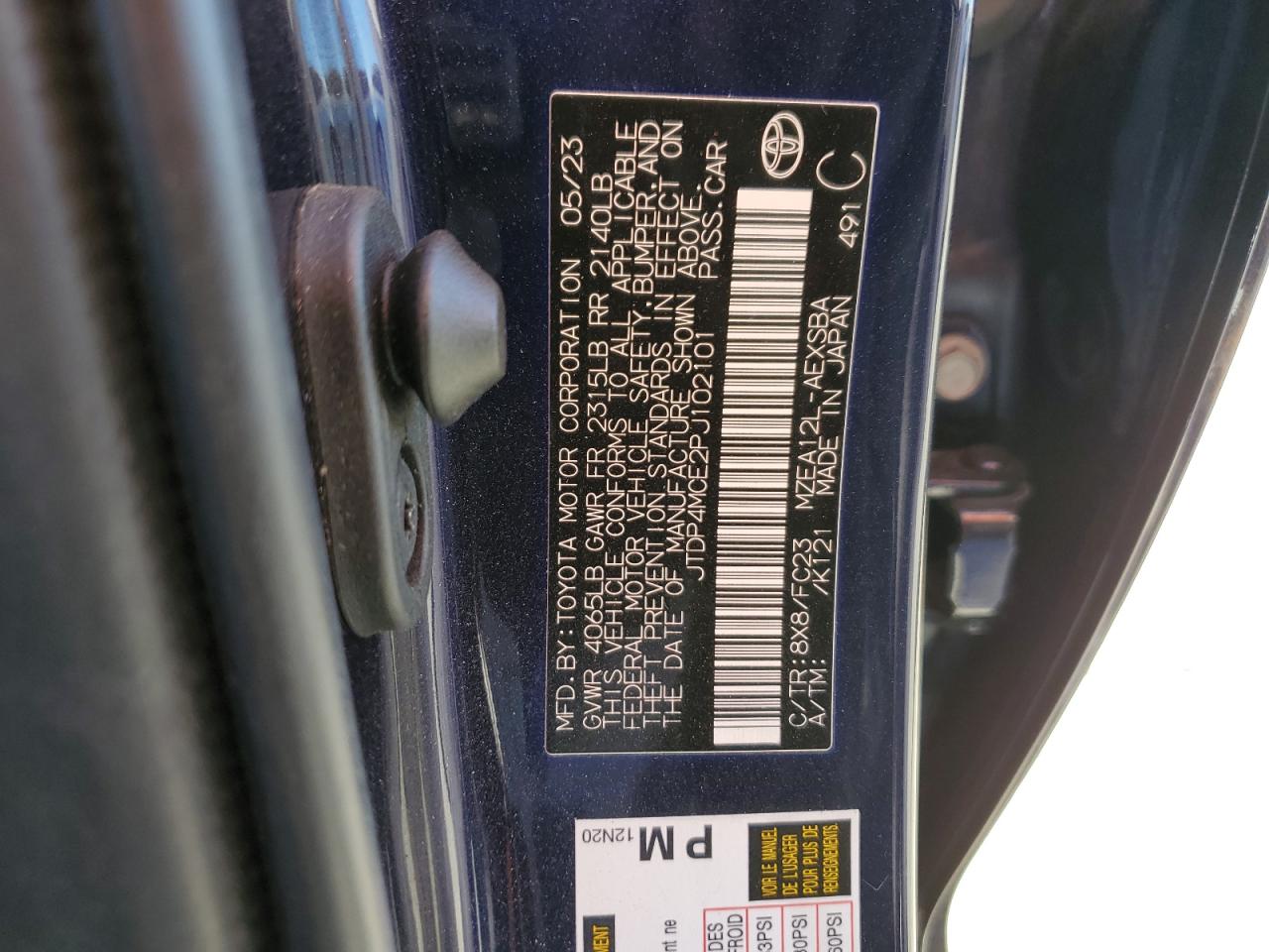 2023 TOYOTA COROLLA SE VIN:JTDP4MCE2PJ102101