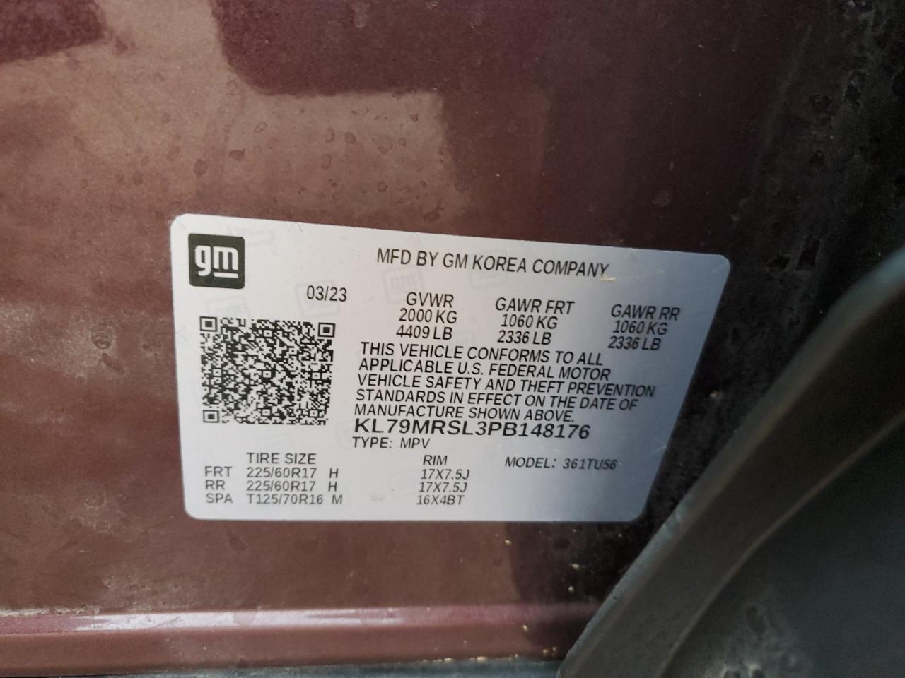 2023 CHEVROLET TRAILBLAZER LT VIN:KL79MRSL3PB148176