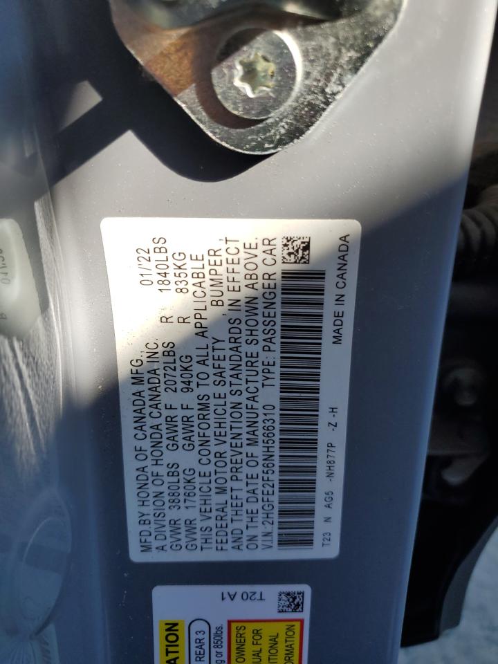 2022 HONDA CIVIC SPORT VIN:2HGFE2F56NH566310