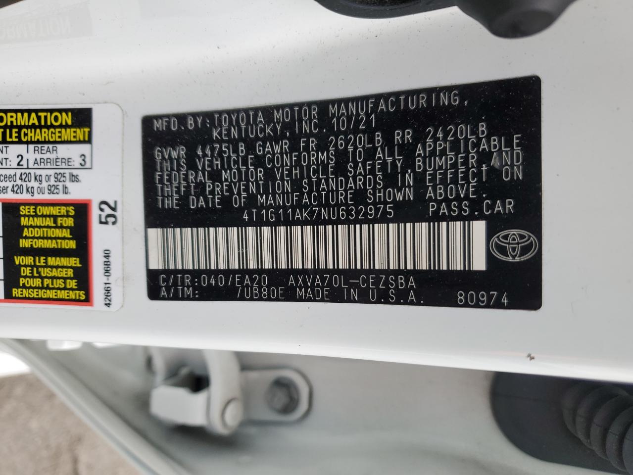 2022 TOYOTA CAMRY SE VIN:4T1G11AK7NU632975