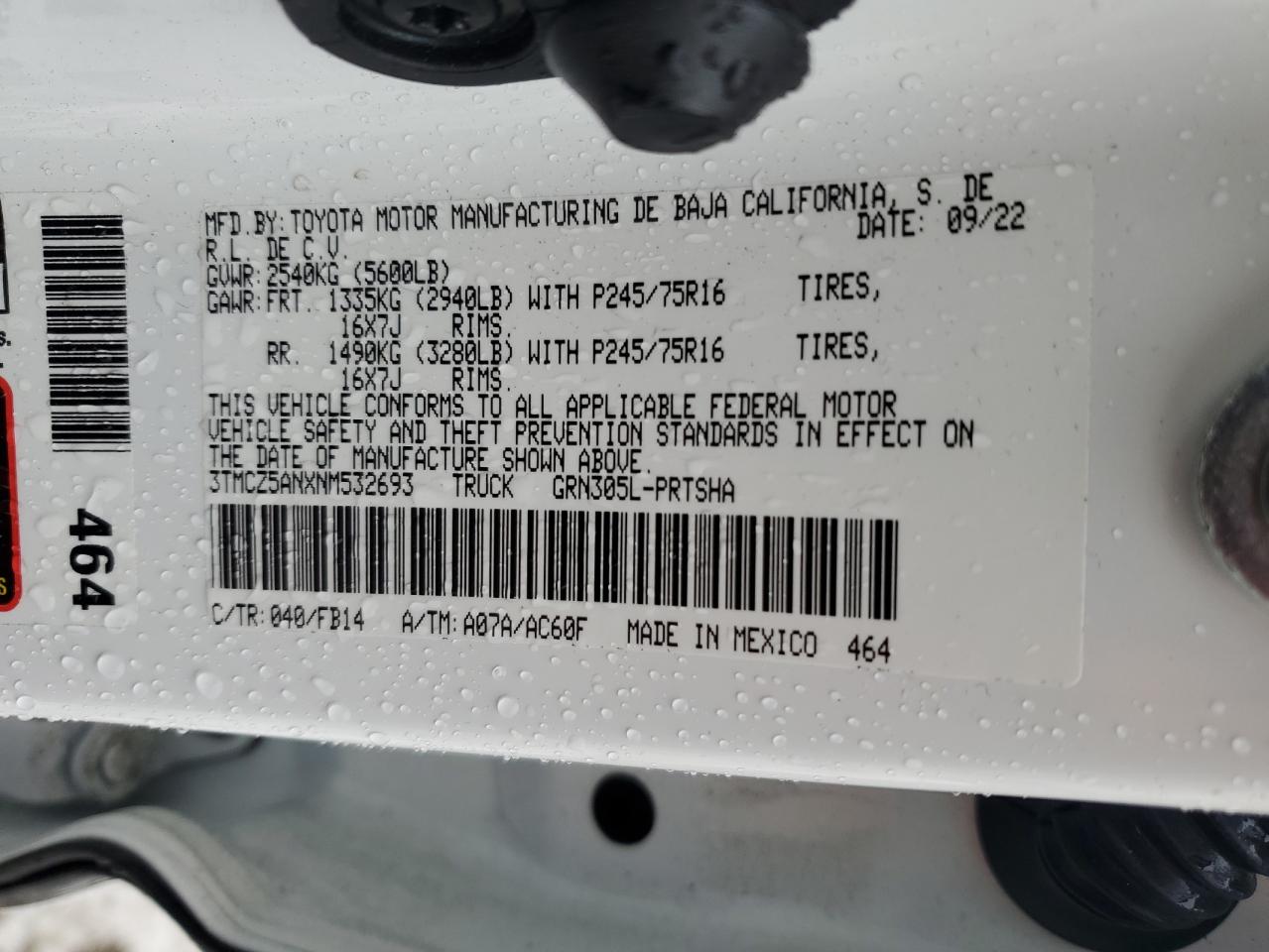 2022 TOYOTA TACOMA DOUBLE CAB VIN:3TMCZ5ANXNM532693