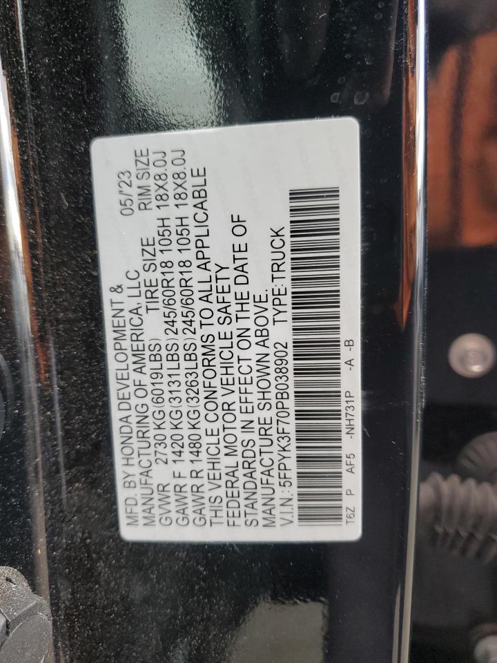 2023 HONDA RIDGELINE RTL-E VIN:5FPYK3F70PB038902