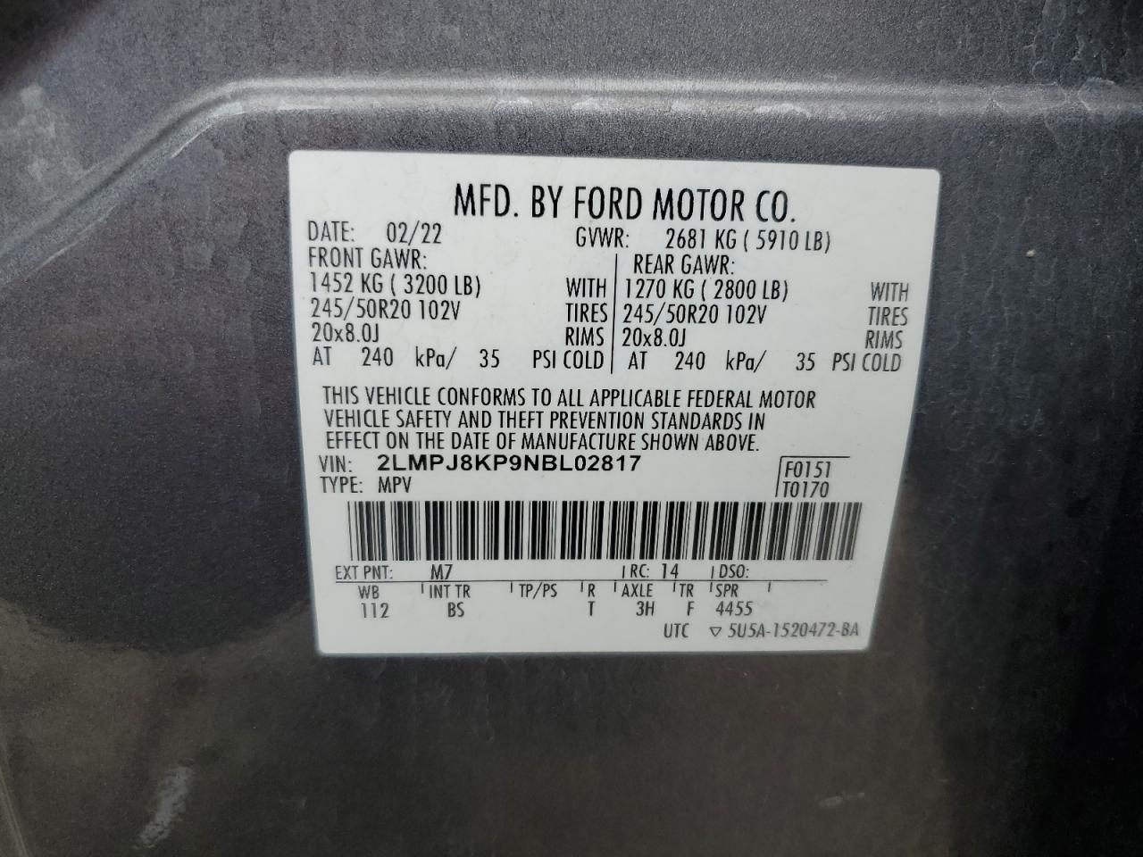 2022 LINCOLN NAUTILUS RESERVE VIN:2LMPJ8KP9NBL02817