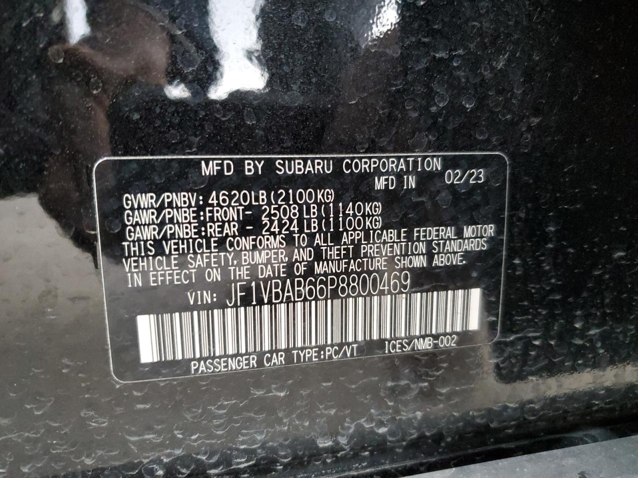 2023 SUBARU WRX VIN:JF1VBAB66P8800469
