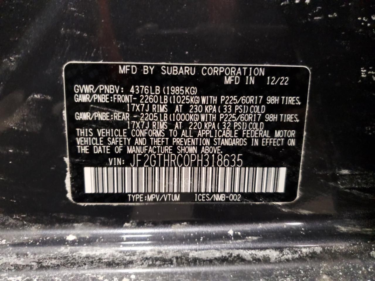 2023 SUBARU CROSSTREK SPORT VIN:JF2GTHRC0PH318635