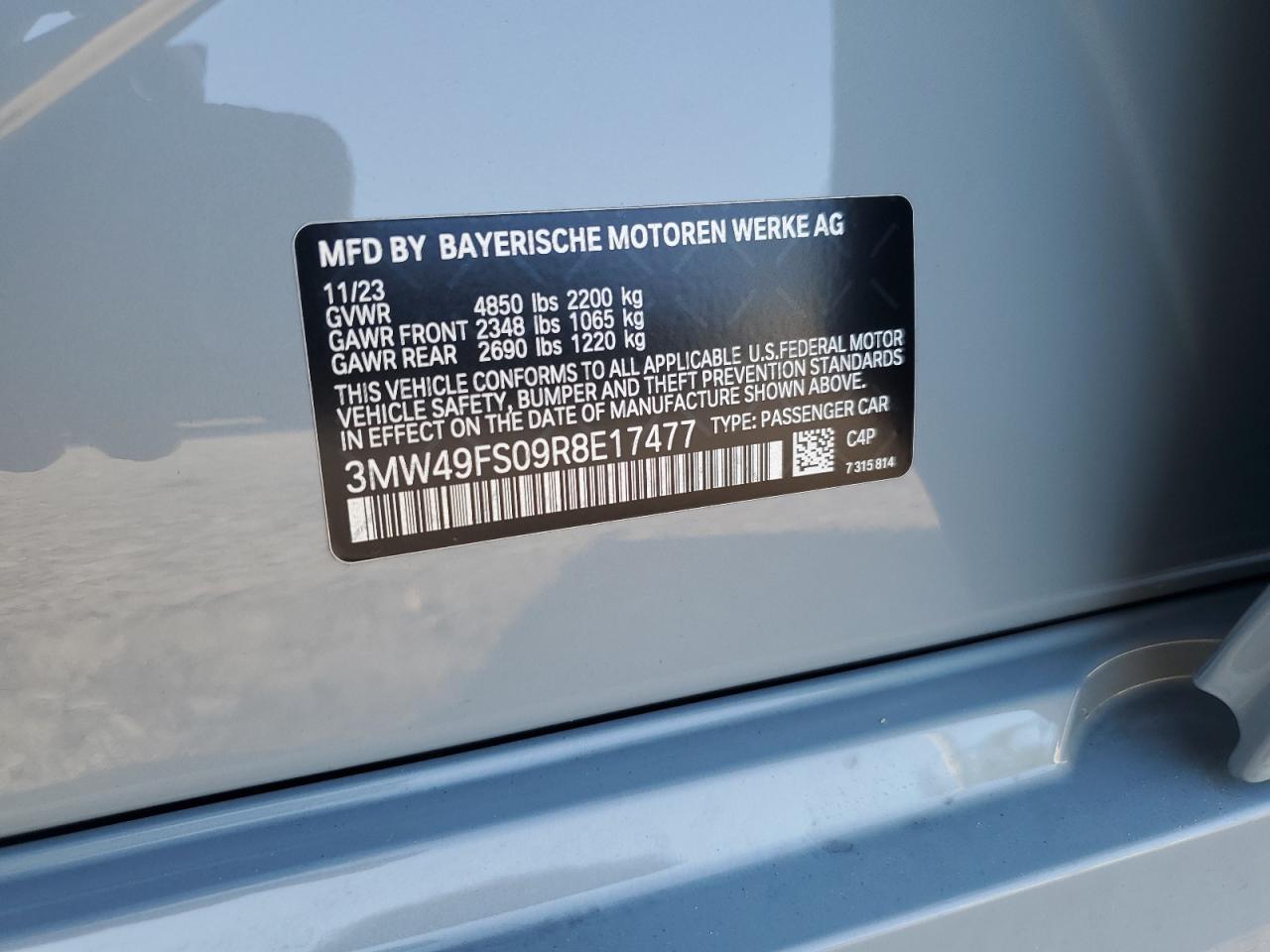 2024 BMW M340I VIN:3MW49FS09R8E17477