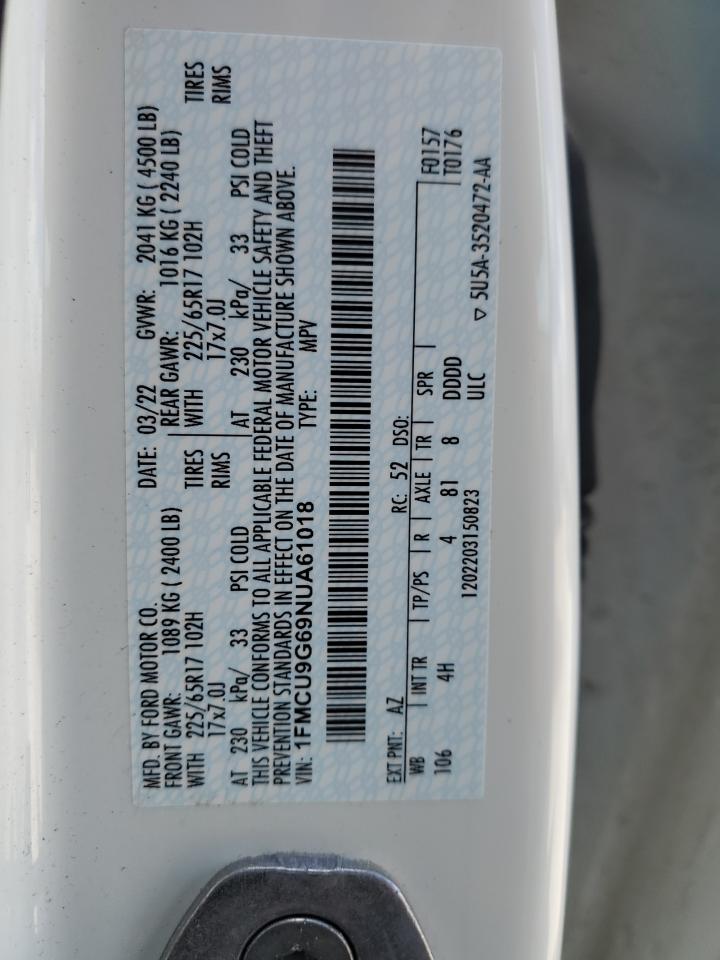 2022 FORD ESCAPE SE VIN:1FMCU9G69NUA61018