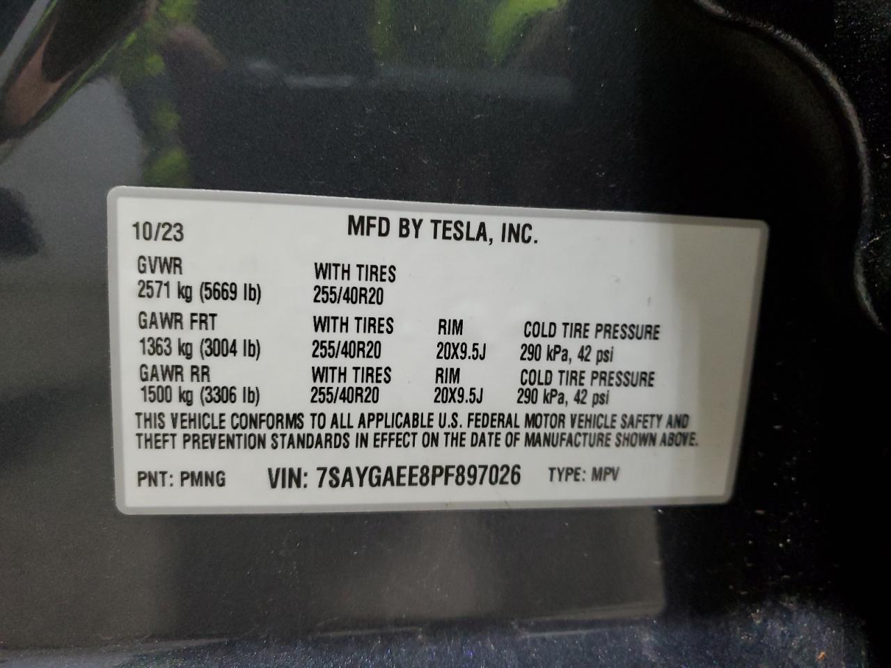 2023 TESLA MODEL Y VIN:7SAYGAEE8PF897026