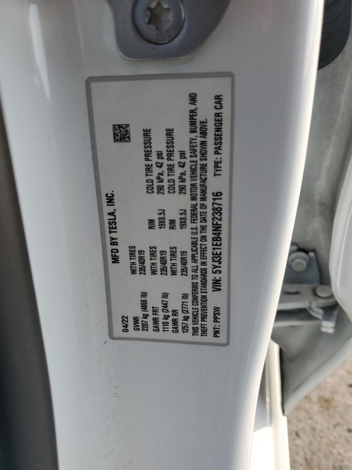 2022 TESLA MODEL 3 VIN:5YJ3E1EB4NF238716