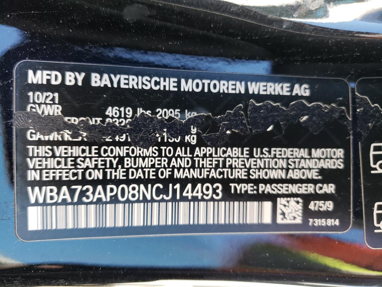 2022 BMW 430XI VIN:WBA73AP08NCJ14493