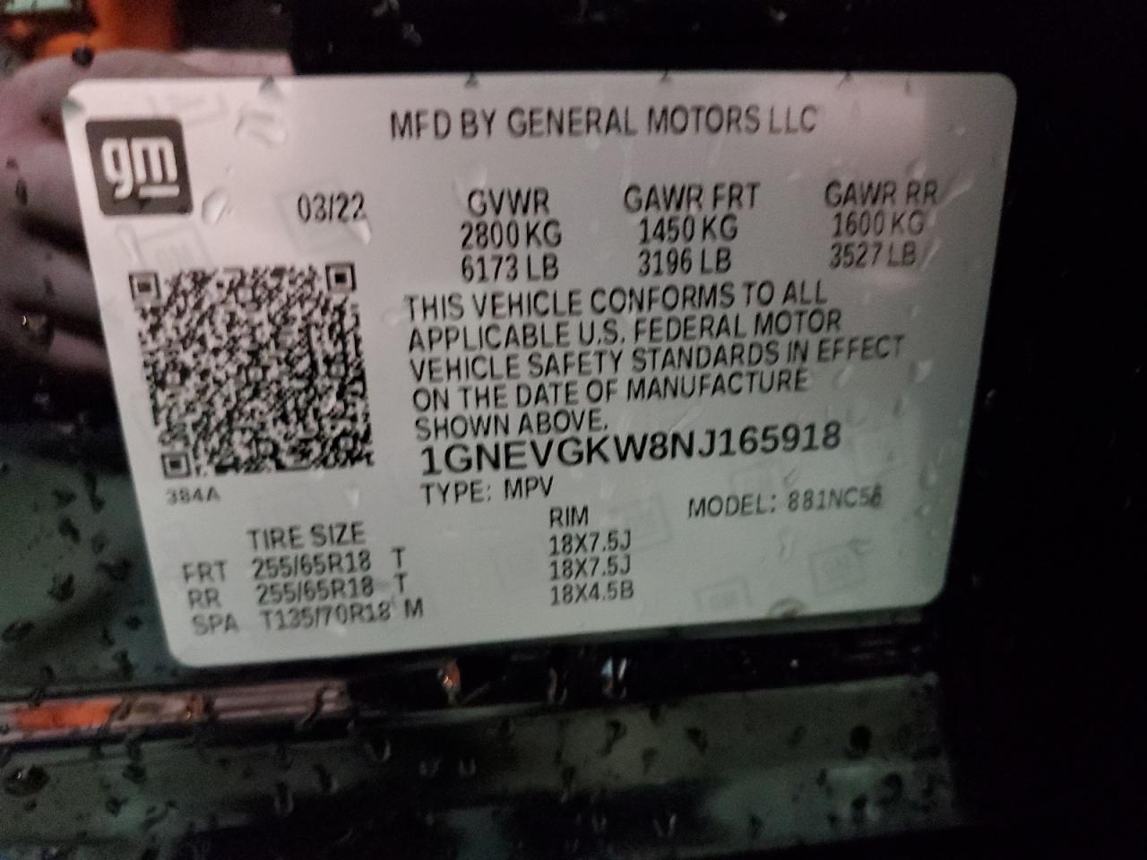 2022 CHEVROLET TRAVERSE LT VIN:1GNEVGKW8NJ165918