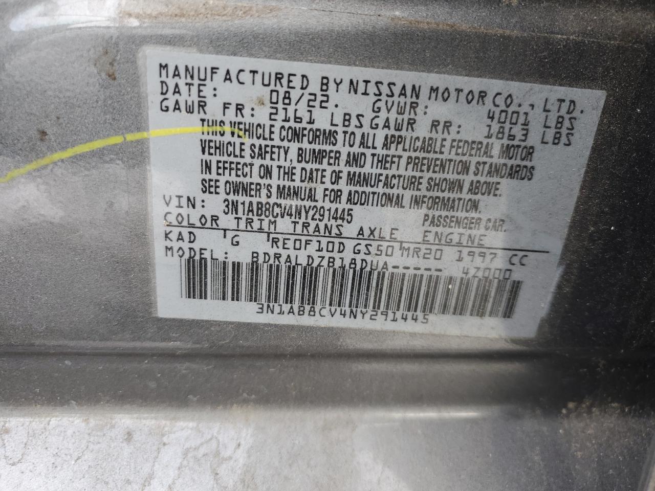 2022 NISSAN SENTRA SV VIN:3N1AB8CV4NY291445