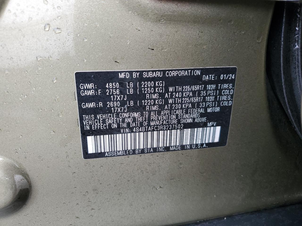 2024 SUBARU OUTBACK PREMIUM VIN:4S4BTAFC3R3237502