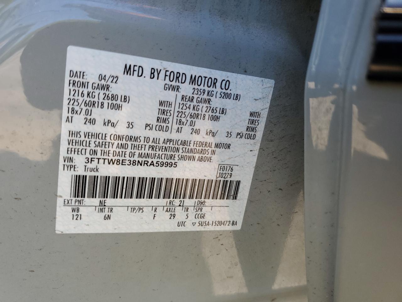 2022 FORD MAVERICK XL VIN:3FTTW8E38NRA59995