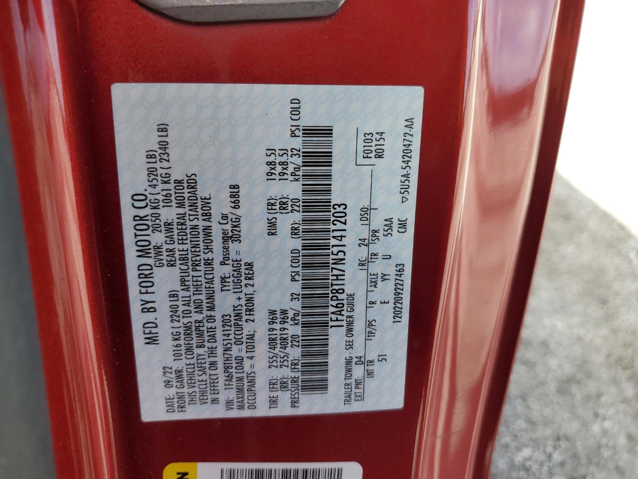 2022 FORD MUSTANG VIN:1FA6P8TH7N5141203