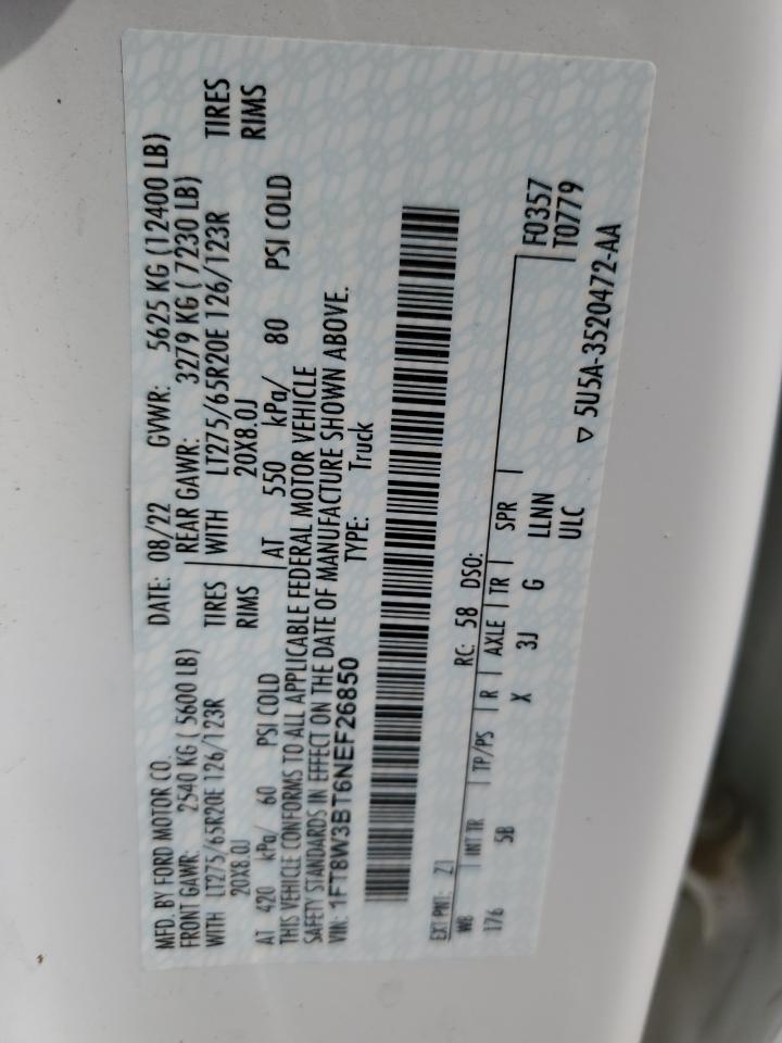 2022 FORD F350 SUPER DUTY VIN:1FT8W3BT6NEF26850