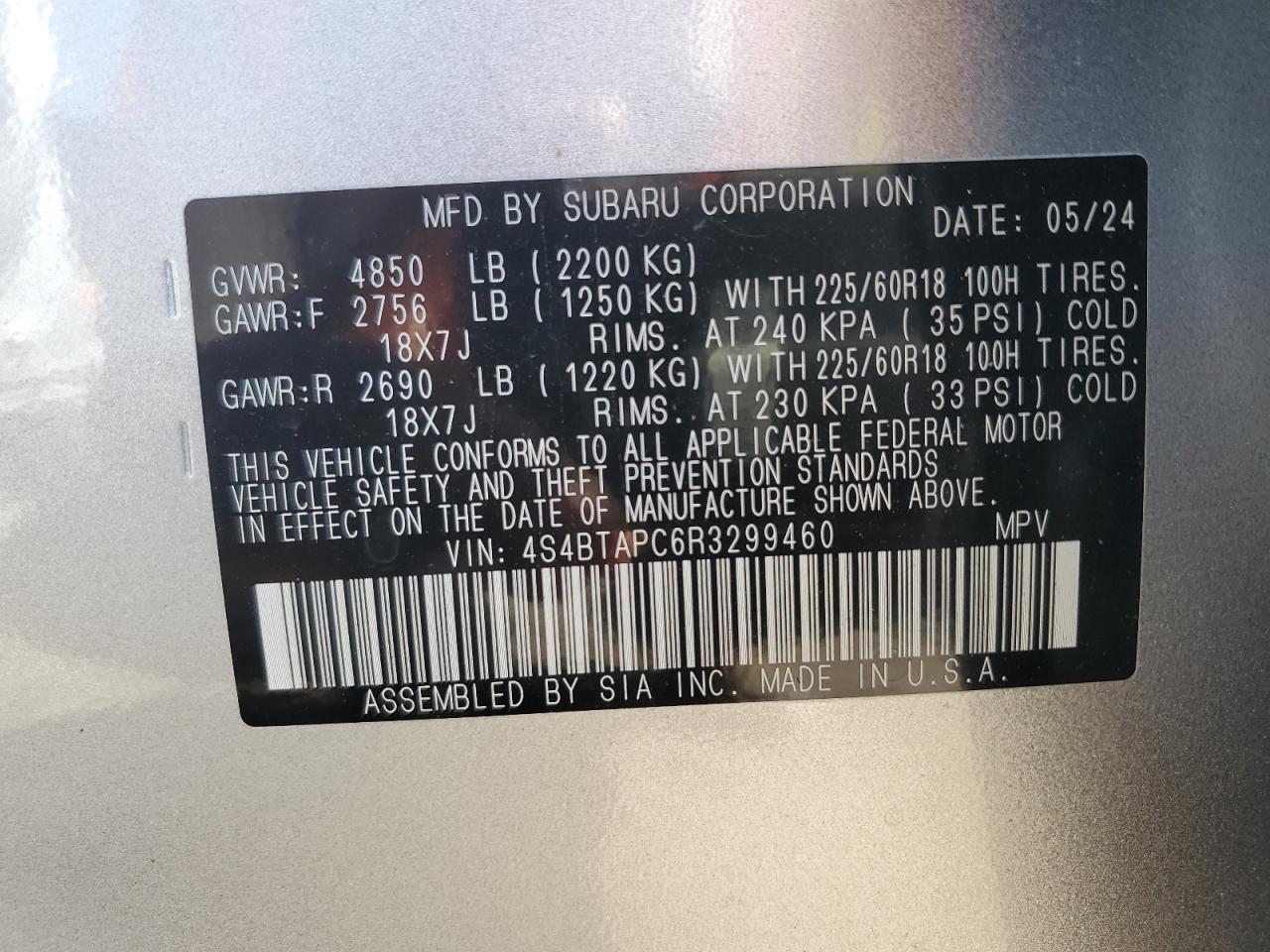 2024 SUBARU OUTBACK TOURING VIN:4S4BTAPC6R3299460