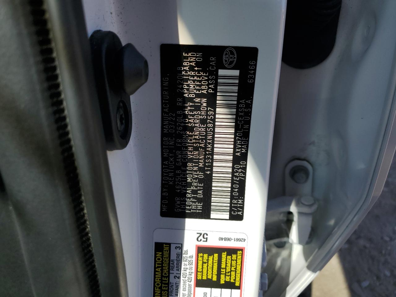 2022 TOYOTA CAMRY NIGHT SHADE VIN:4T1S31AKXNU587597