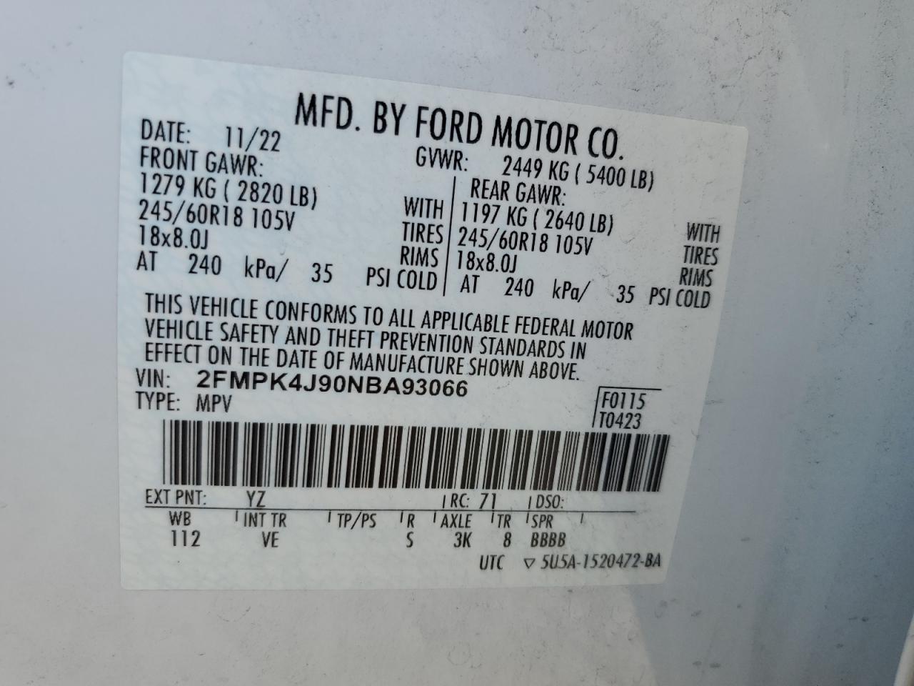 2022 FORD EDGE SEL VIN:2FMPK4J90NBA93066