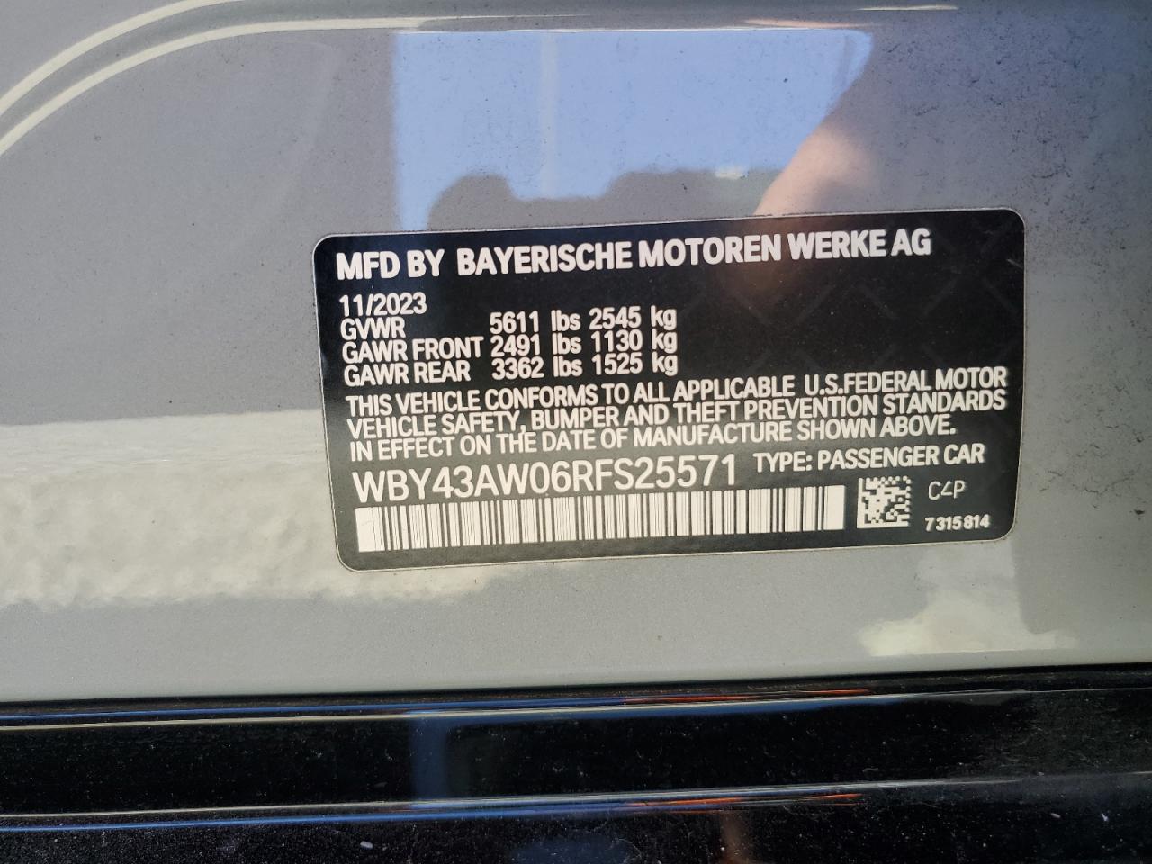 2024 BMW I4 EDRIVE 35 VIN:WBY43AW06RFS25571