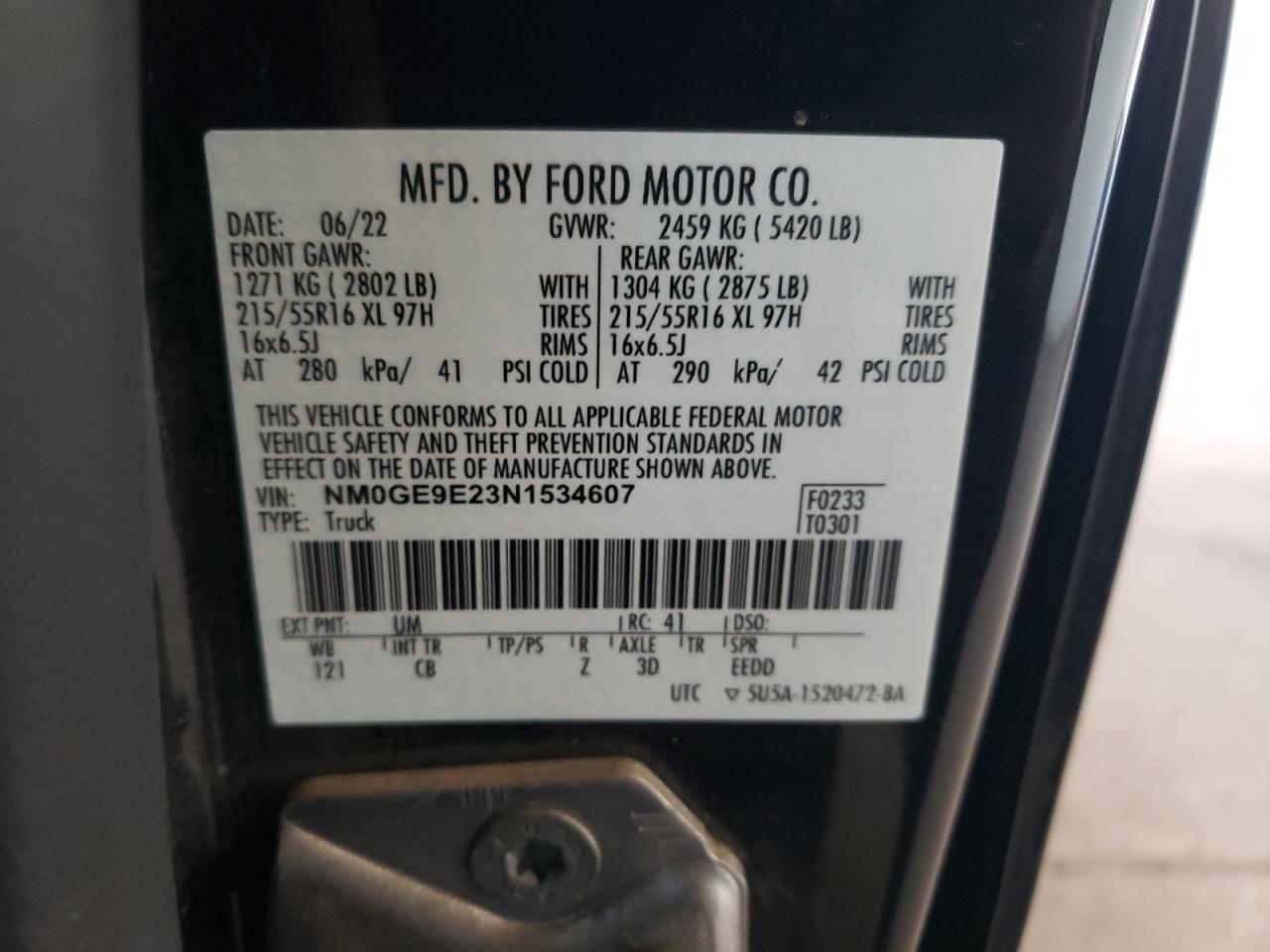 2022 FORD TRANSIT CONNECT XL VIN:NM0GE9E23N1534607