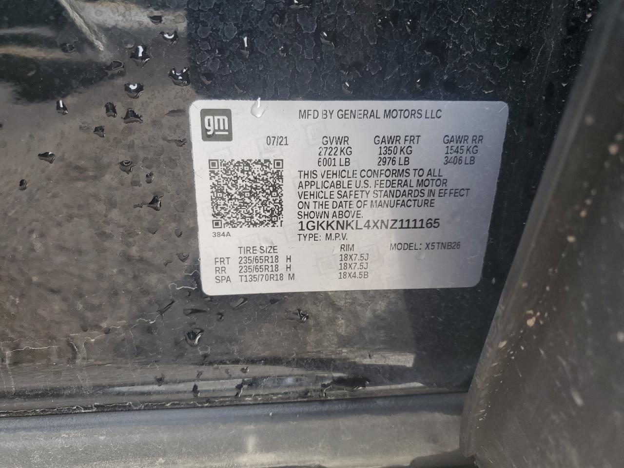 2022 GMC ACADIA SLE VIN:1GKKNKL4XNZ111165