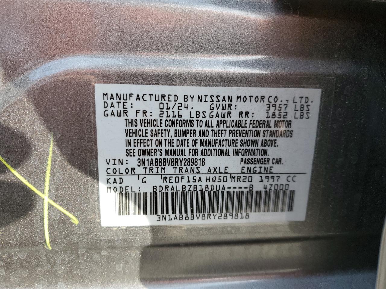 2024 NISSAN SENTRA S VIN:3N1AB8BV8RY289818