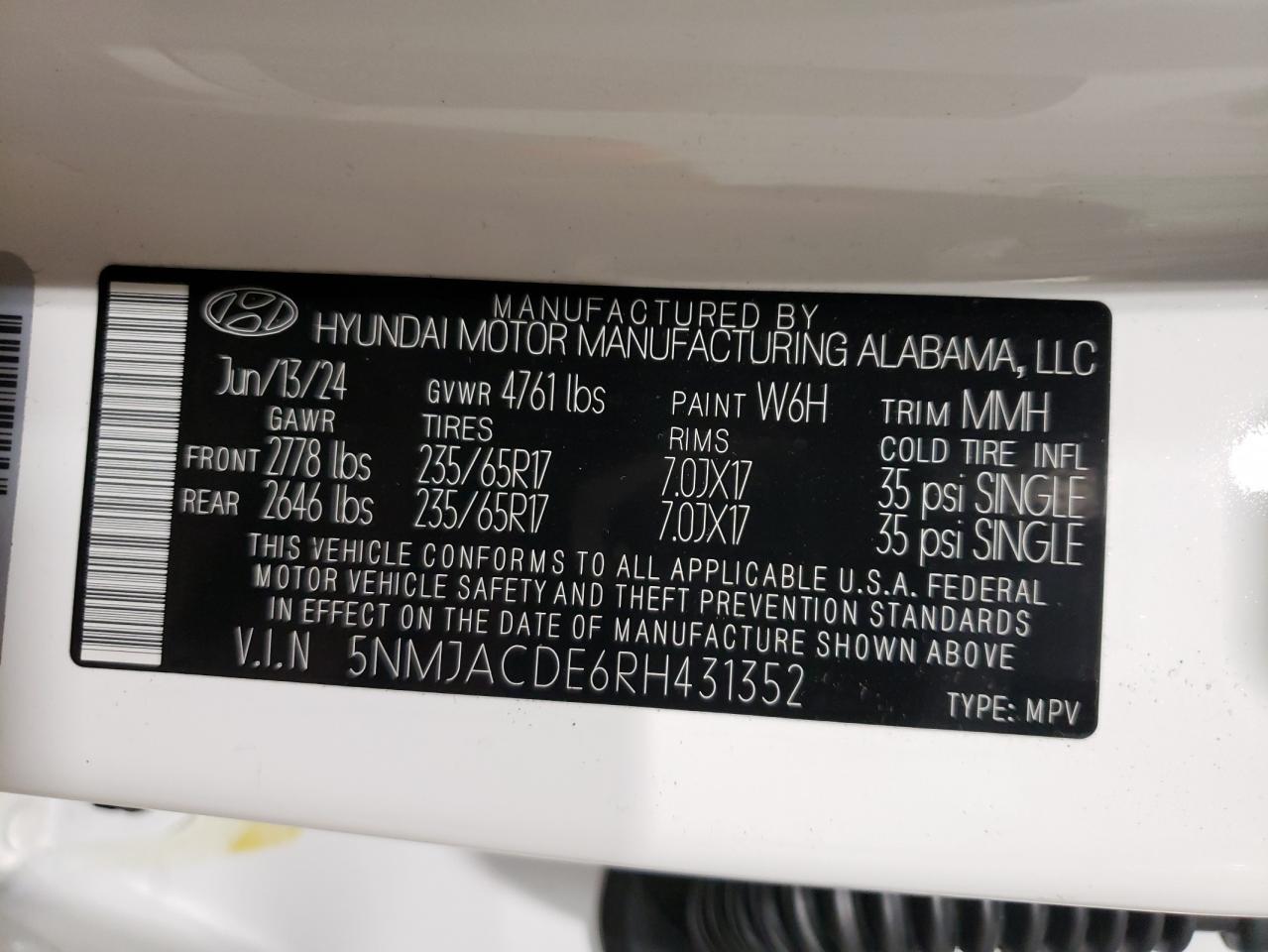 2024 HYUNDAI TUCSON SE VIN:5NMJACDE6RH431352