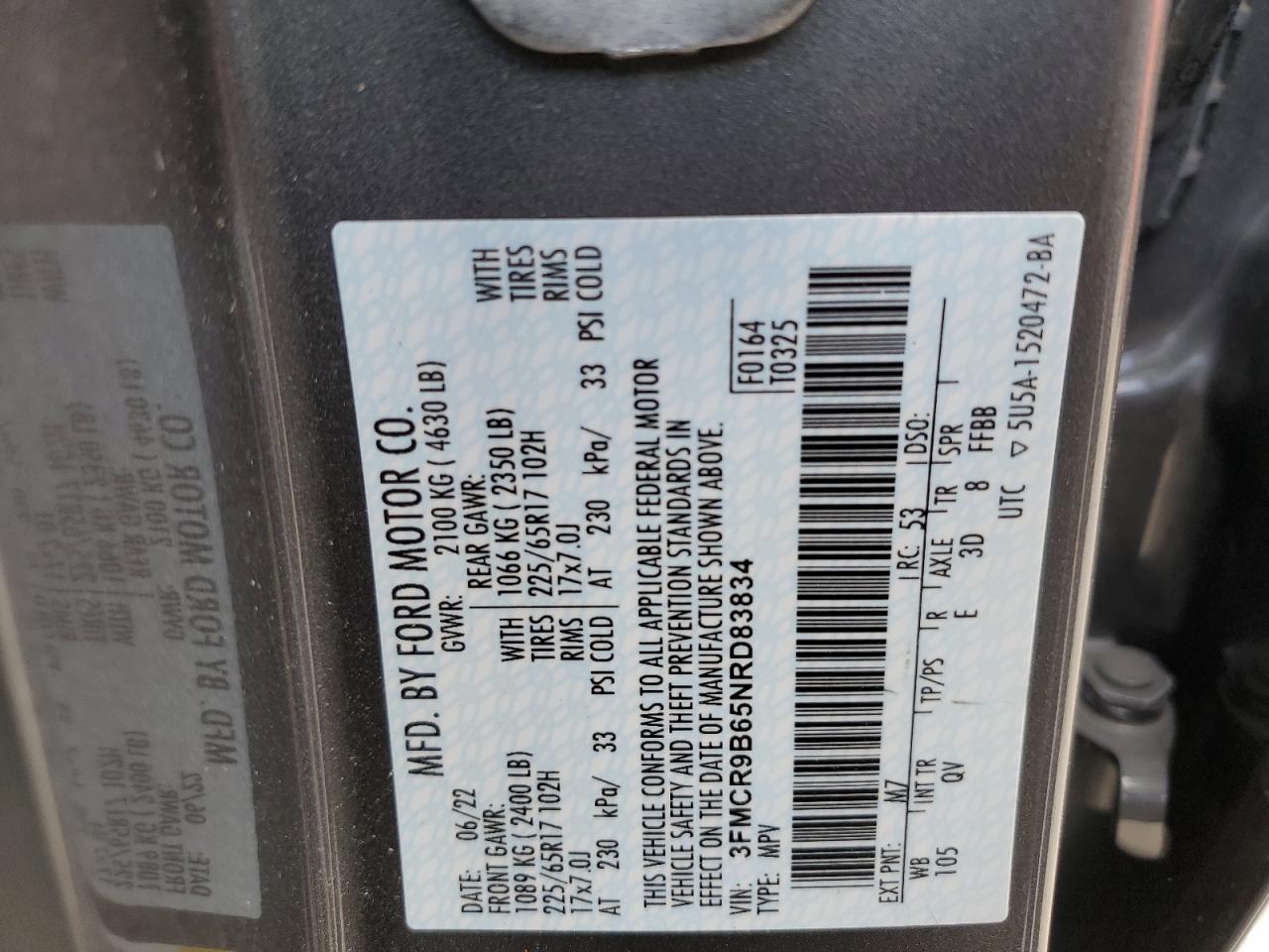 2022 FORD BRONCO SPORT BIG BEND VIN:3FMCR9B65NRD83834