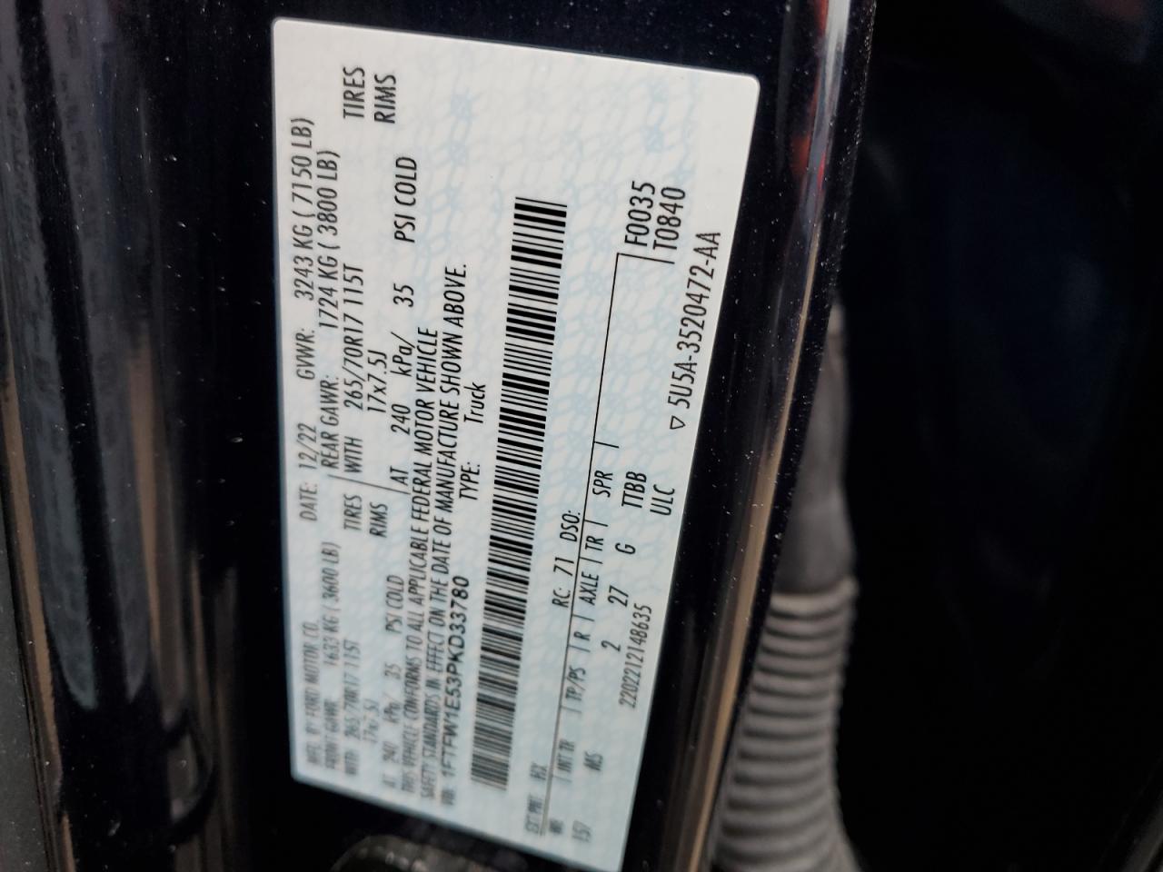 2023 FORD F150 SUPERCREW VIN:1FTFW1E53PKD33780