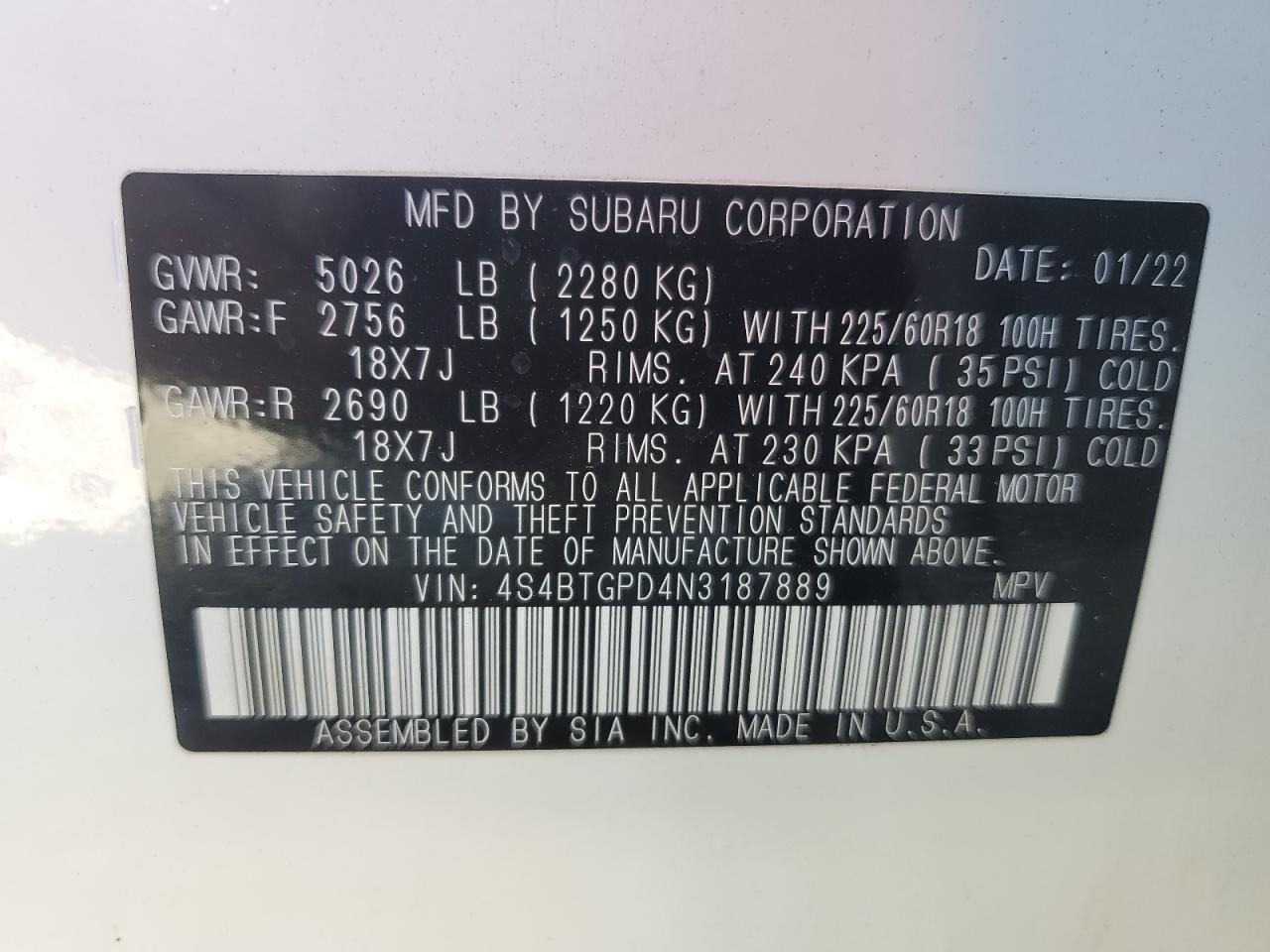 2022 SUBARU OUTBACK TOURING VIN:4S4BTGPD4N3187889