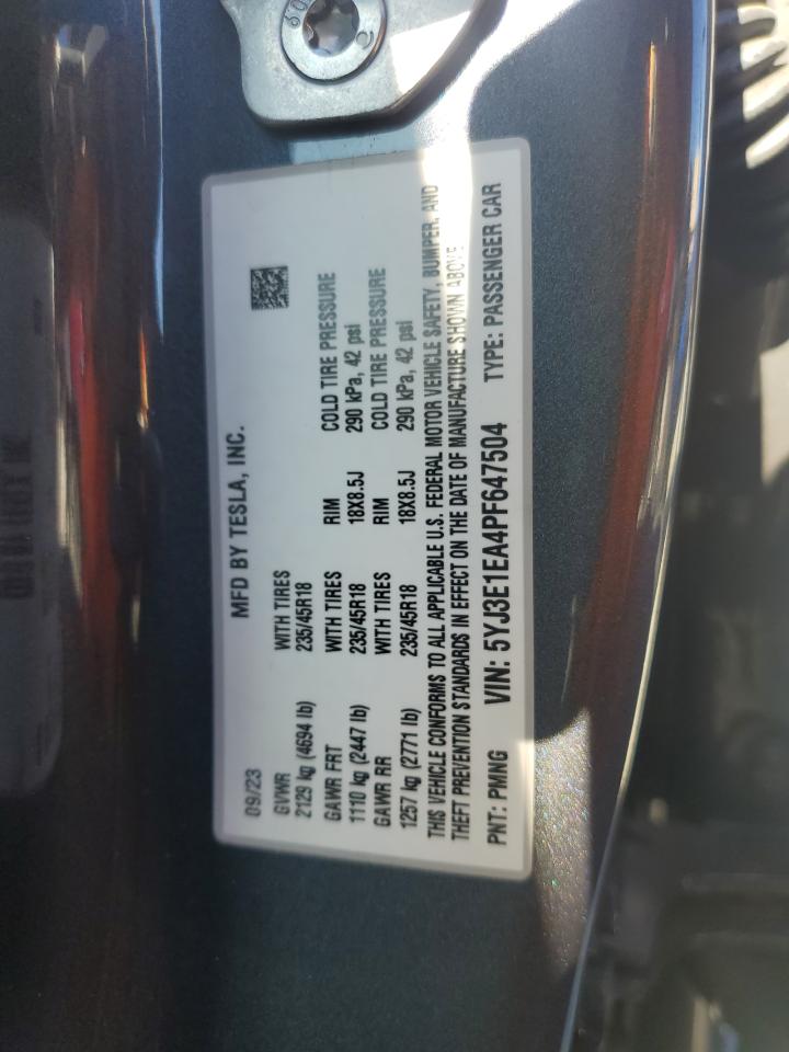 2023 TESLA MODEL 3 VIN:5YJ3E1EA4PF647504