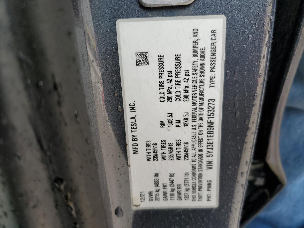 2022 TESLA MODEL 3 VIN:5YJ3E1EB9NF153273