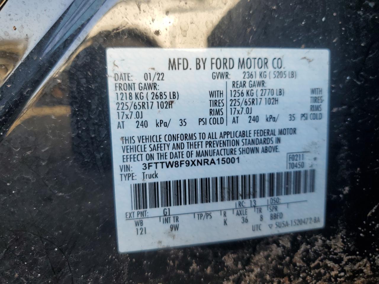 2022 FORD MAVERICK XL VIN:3FTTW8F9XNRA15001