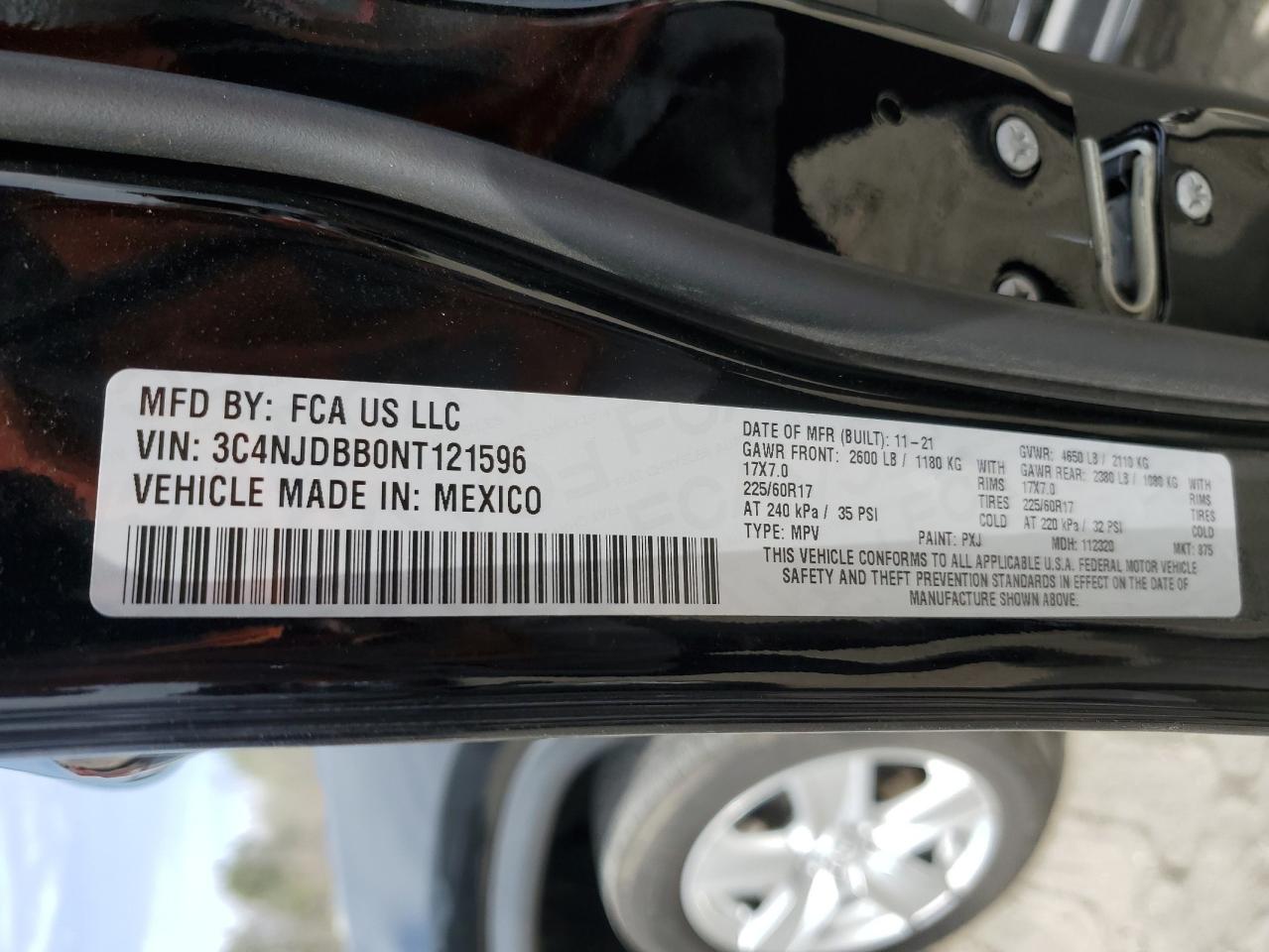 2022 JEEP COMPASS LATITUDE VIN:3C4NJDBB0NT121596